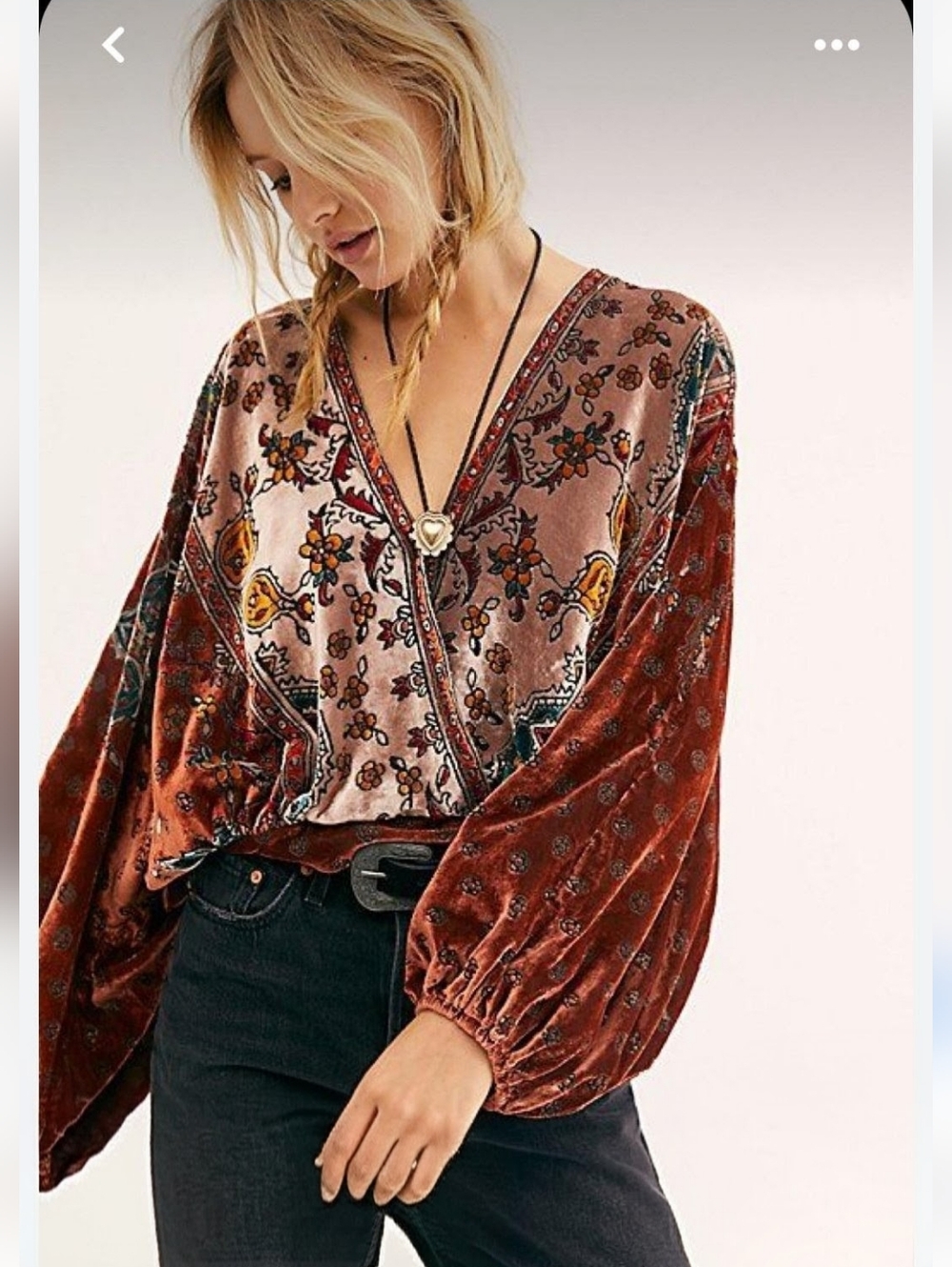 FREE PEOPLE Mata Hari Faux Wrap Paisley Brown Velvet Blouse S EUC RARE